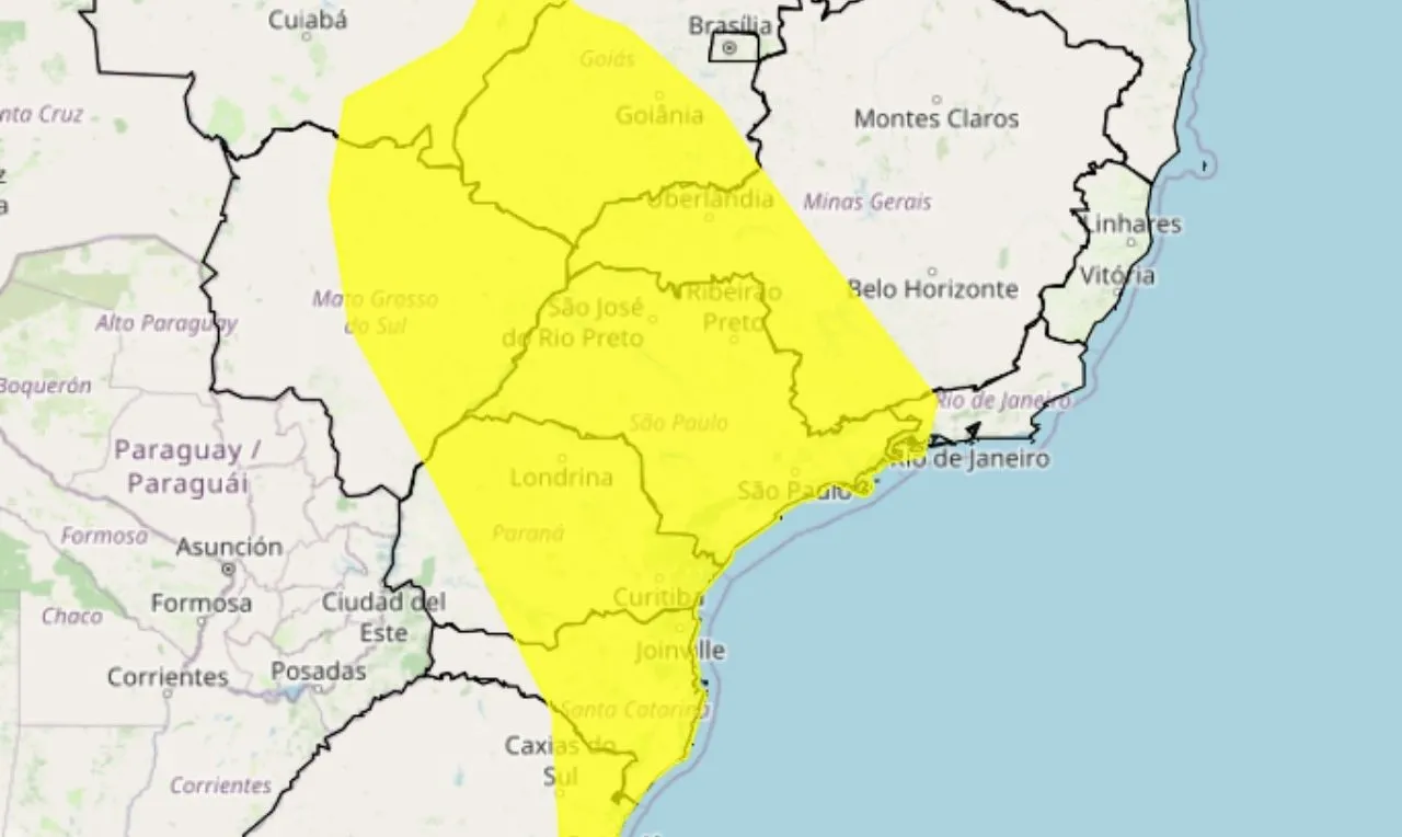 O mapa mostra &agrave;s &aacute;reas em alerta para chuva intensa